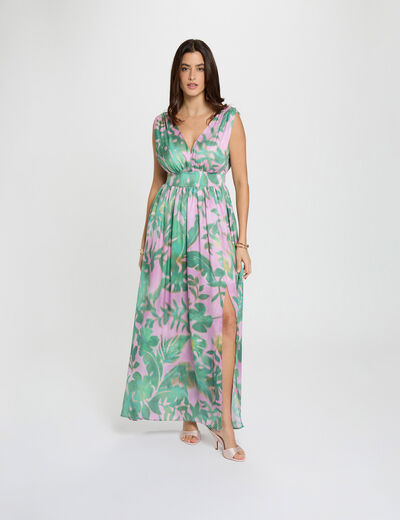 Robe longue col v multicolore femme