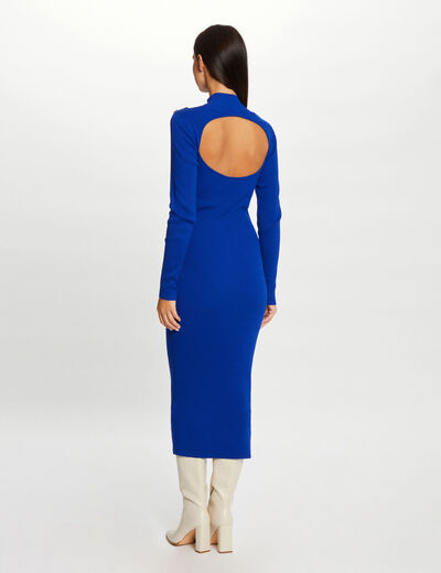 Robe pull longue ajustée dos ouvert bleu electrique femme
