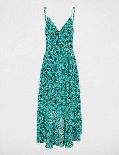 Lange uitlopende jurk abstracte print groen vrouw