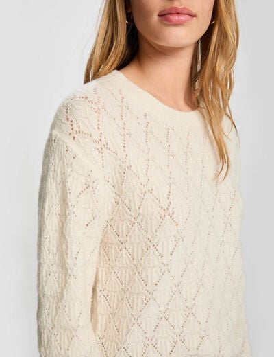 Pull col rond fantaisie ivoire femme