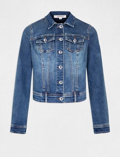 Veste droite boutonn&eacute;e en jean denim stone femme