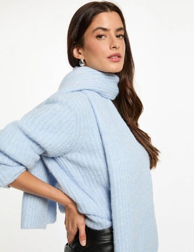 Pull col écharpe bleu ciel femme