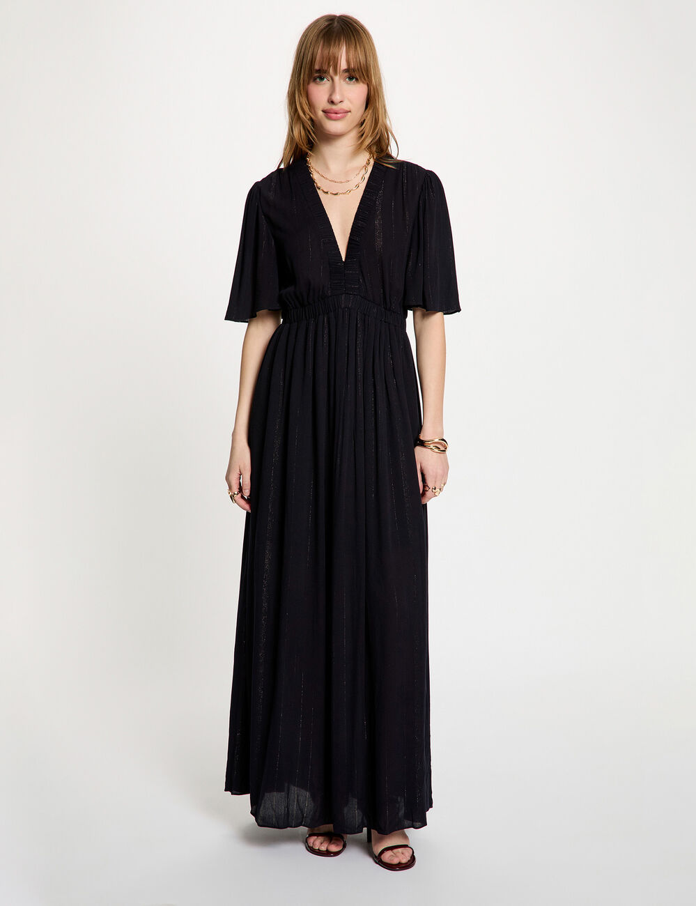 Lange jurk met V-hals marineblauw vrouw