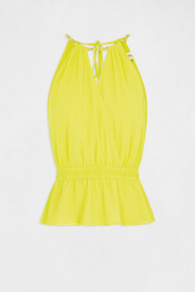 Mouwloze blouse met wikkelkraag anijsgroen vrouw