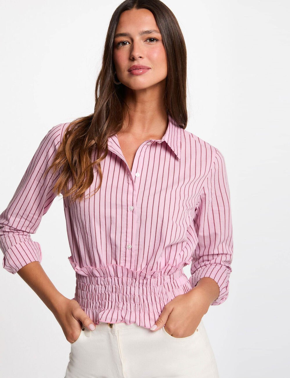 Chemise ray&eacute;e col &agrave; revers rose femme