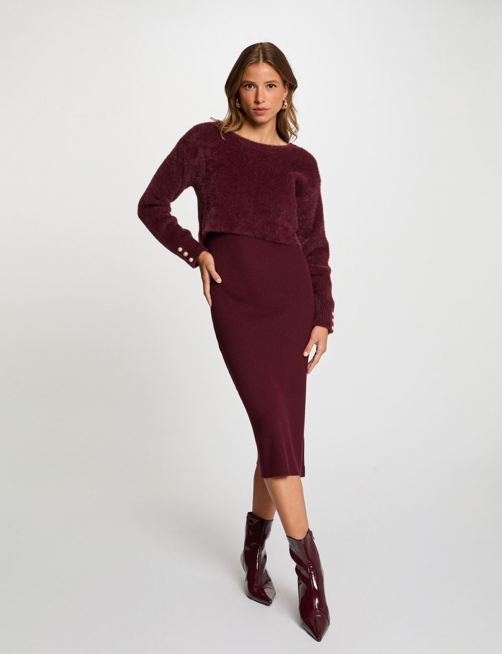 Robe tricot midi ajust&eacute;e 2-en-1 prune femme