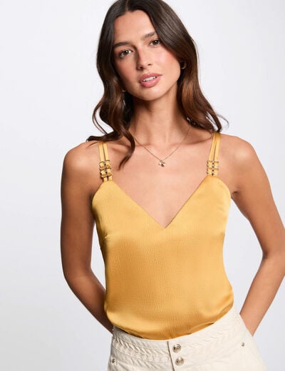 Top satin à bretelles jaune moutarde femme