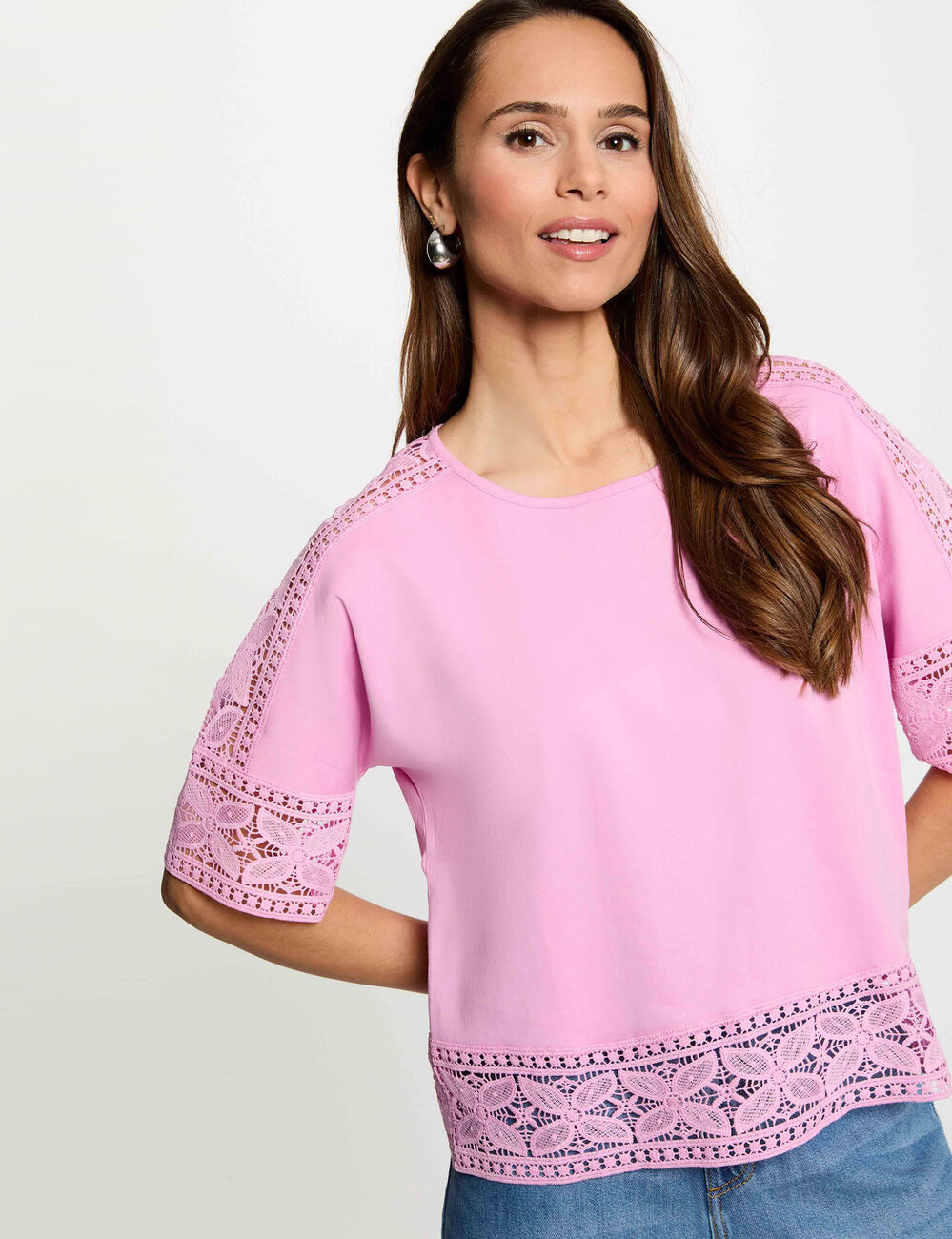 T-shirt dentelle col rond rose femme