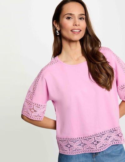 T-shirt dentelle col rond rose femme