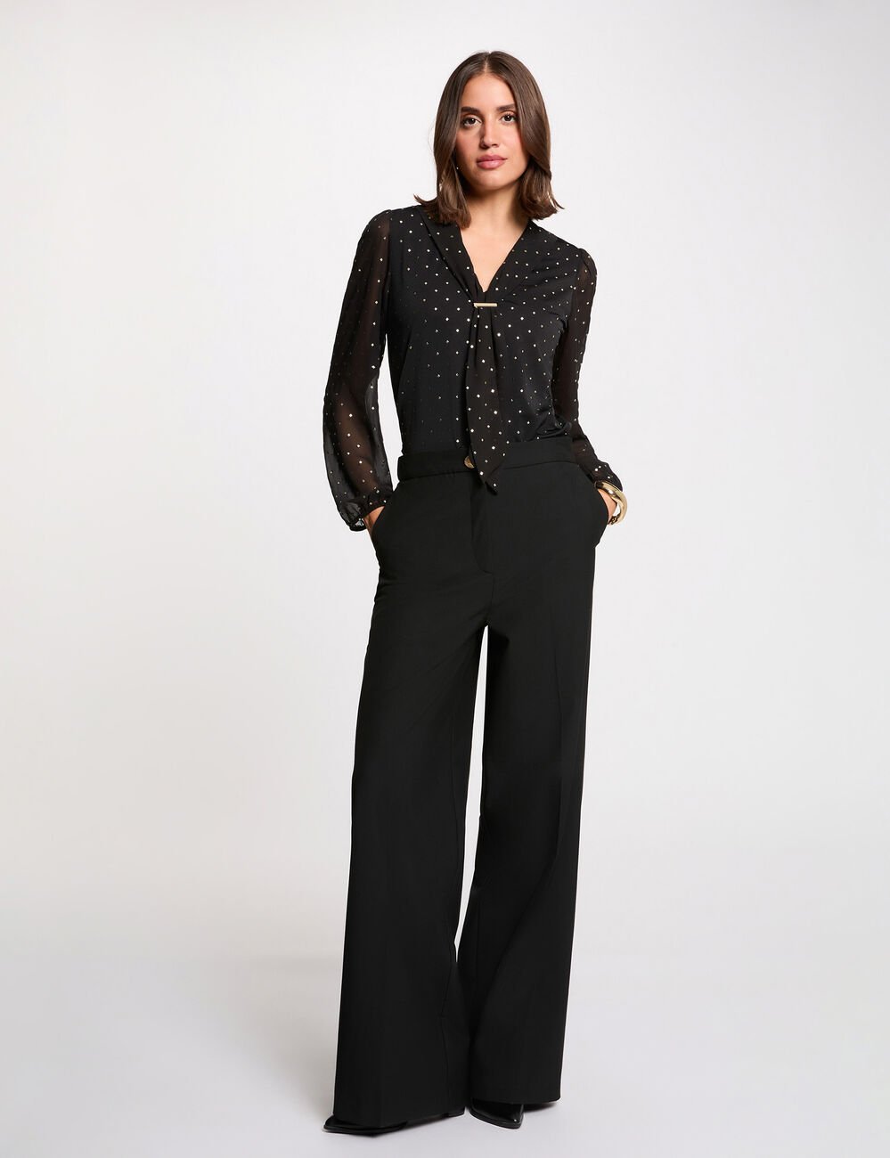 Pantalon large taille haute noir femme