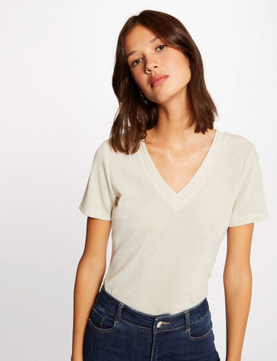 T-shirt met korte mouwen en V-hals ivoor vrouw