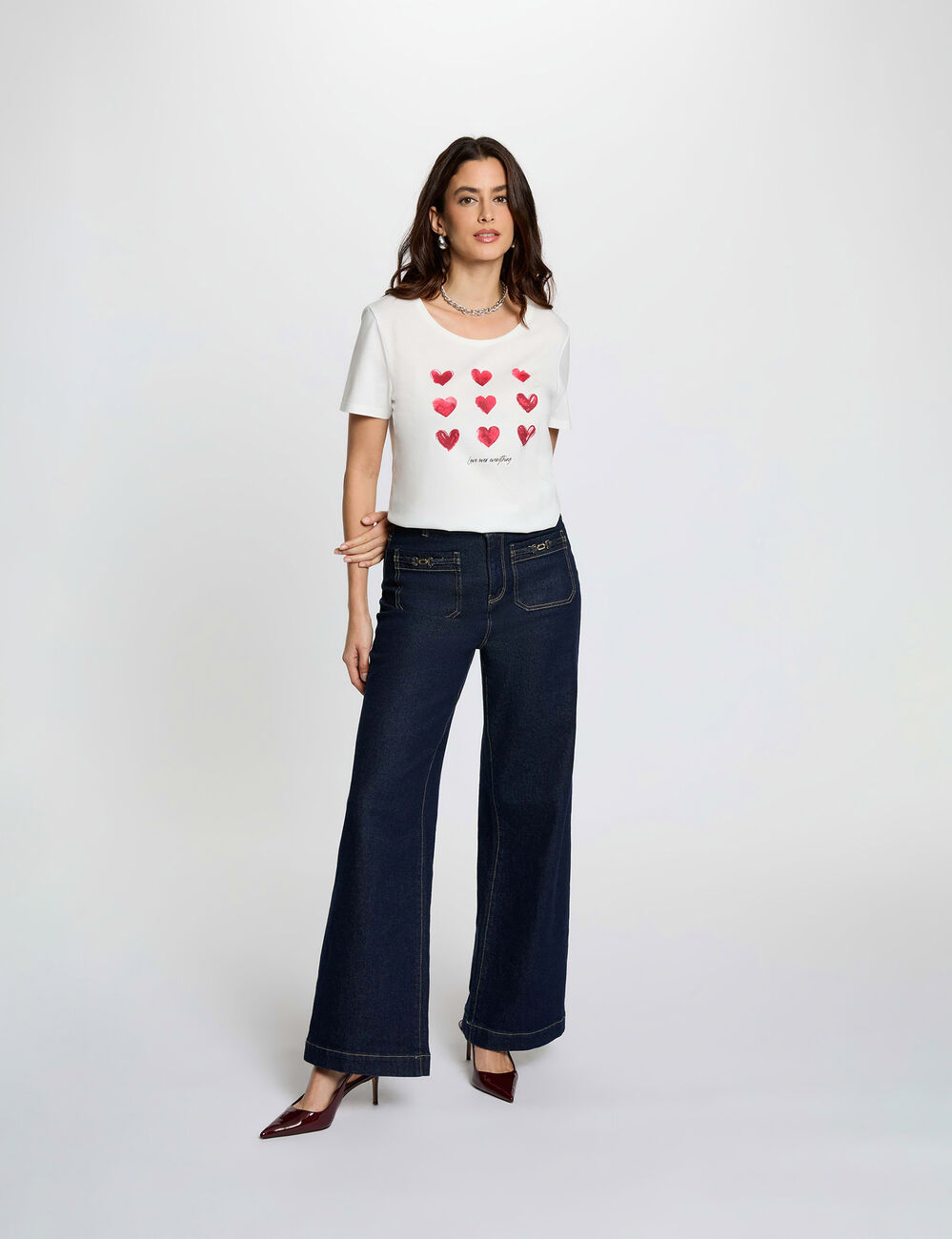 T-shirt met V-hals korte mouwen helder wit vrouw