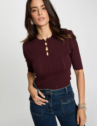 Pull ajouré manches 3/4 prune femme