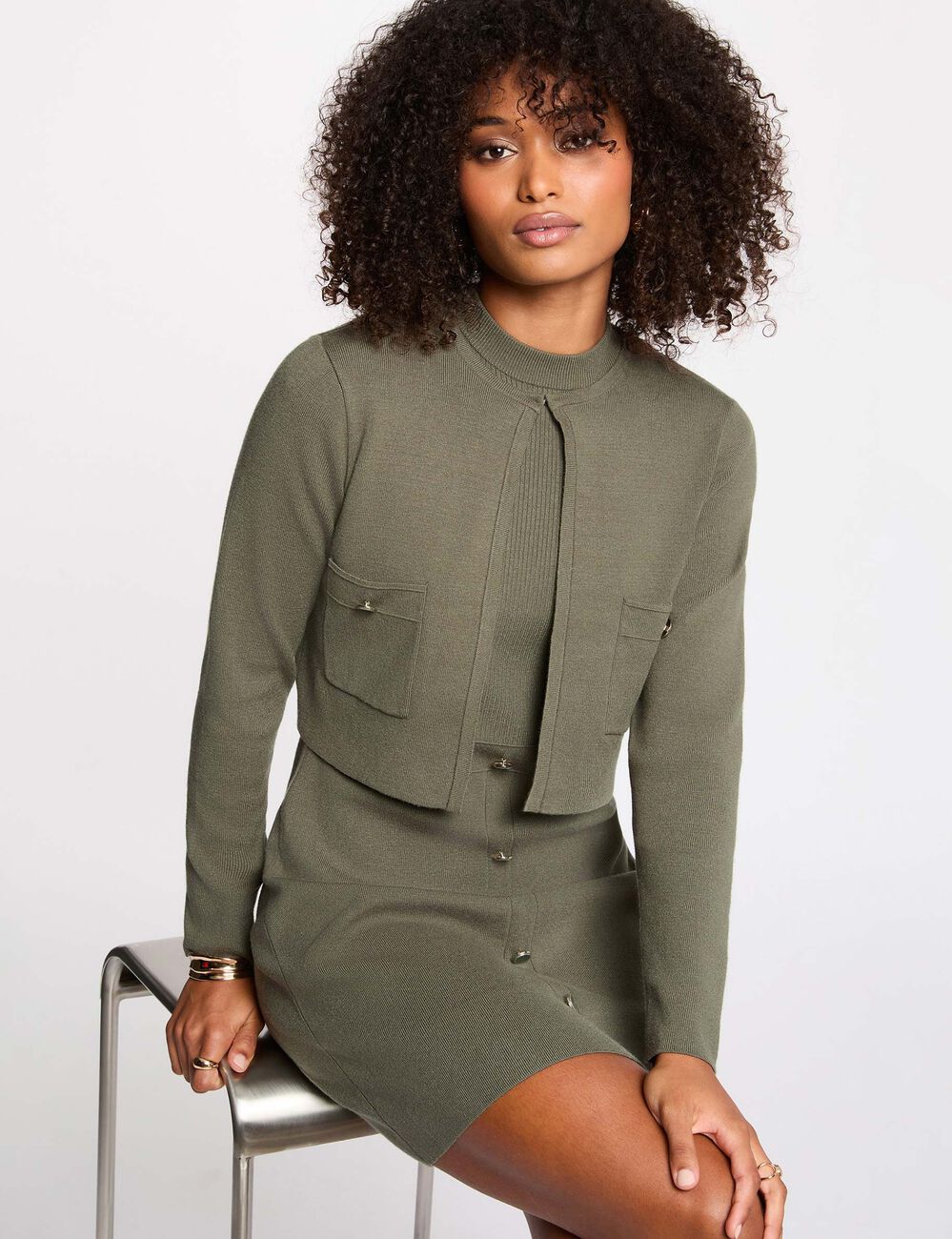 Robe tricot effet 2-en-1 vert kaki femme