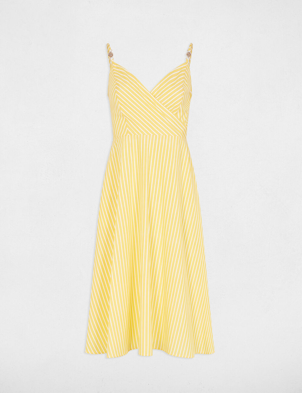 Gestreepte wikkeljurk lichtgeel vrouw