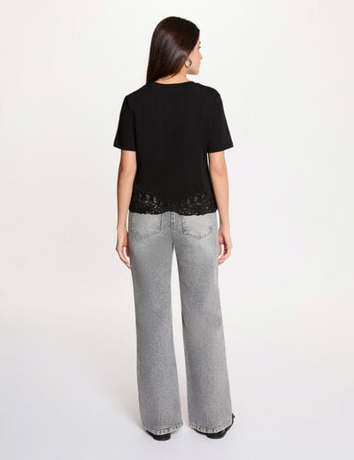 Geborduurd T-shirt met ronde hals zwart vrouw
