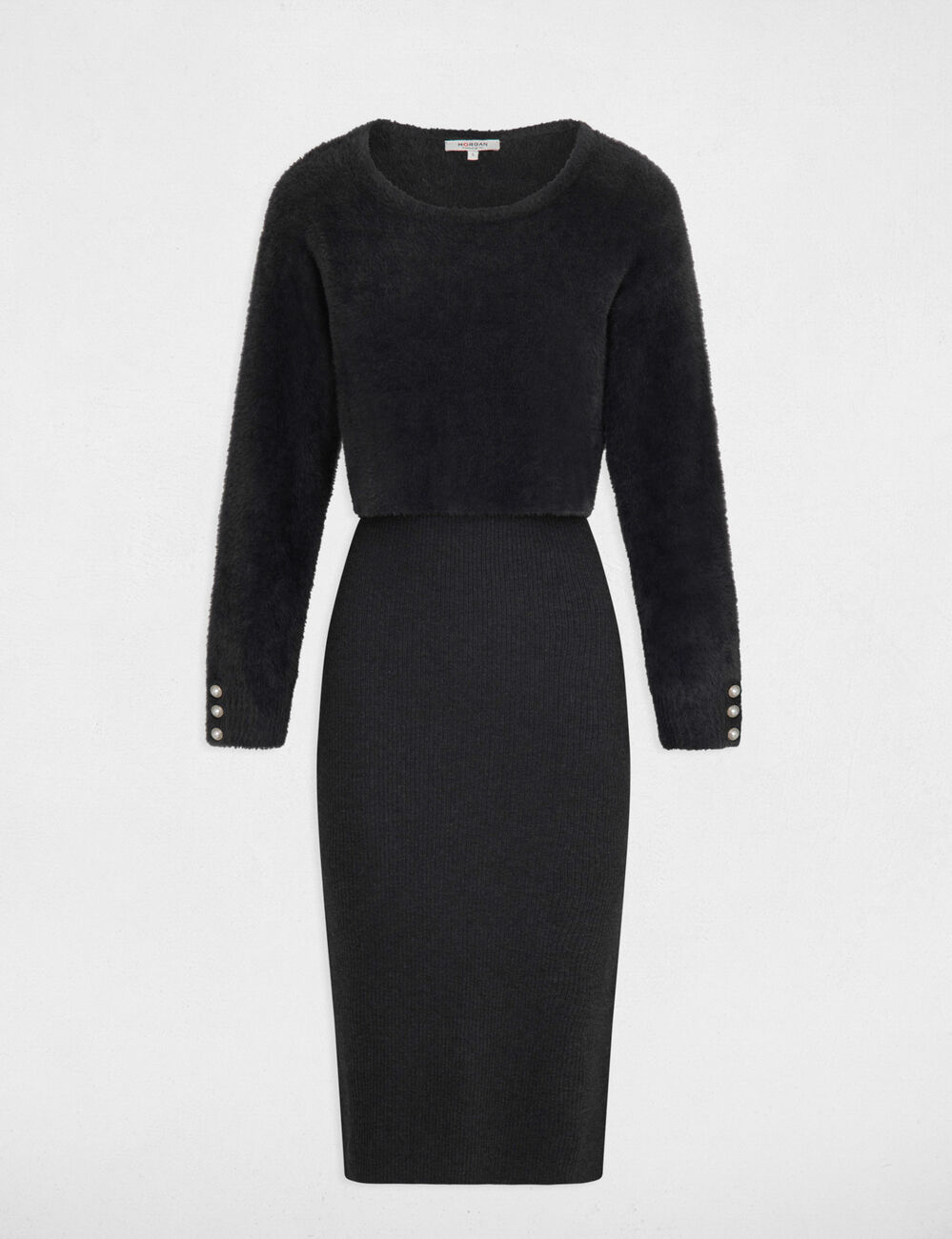 Robe tricot midi ajust&eacute;e 2-en-1 gris fonc&eacute; femme