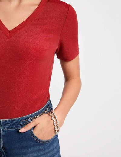 T-shirt manches courtes avec col en V orange fonc&eacute; femme