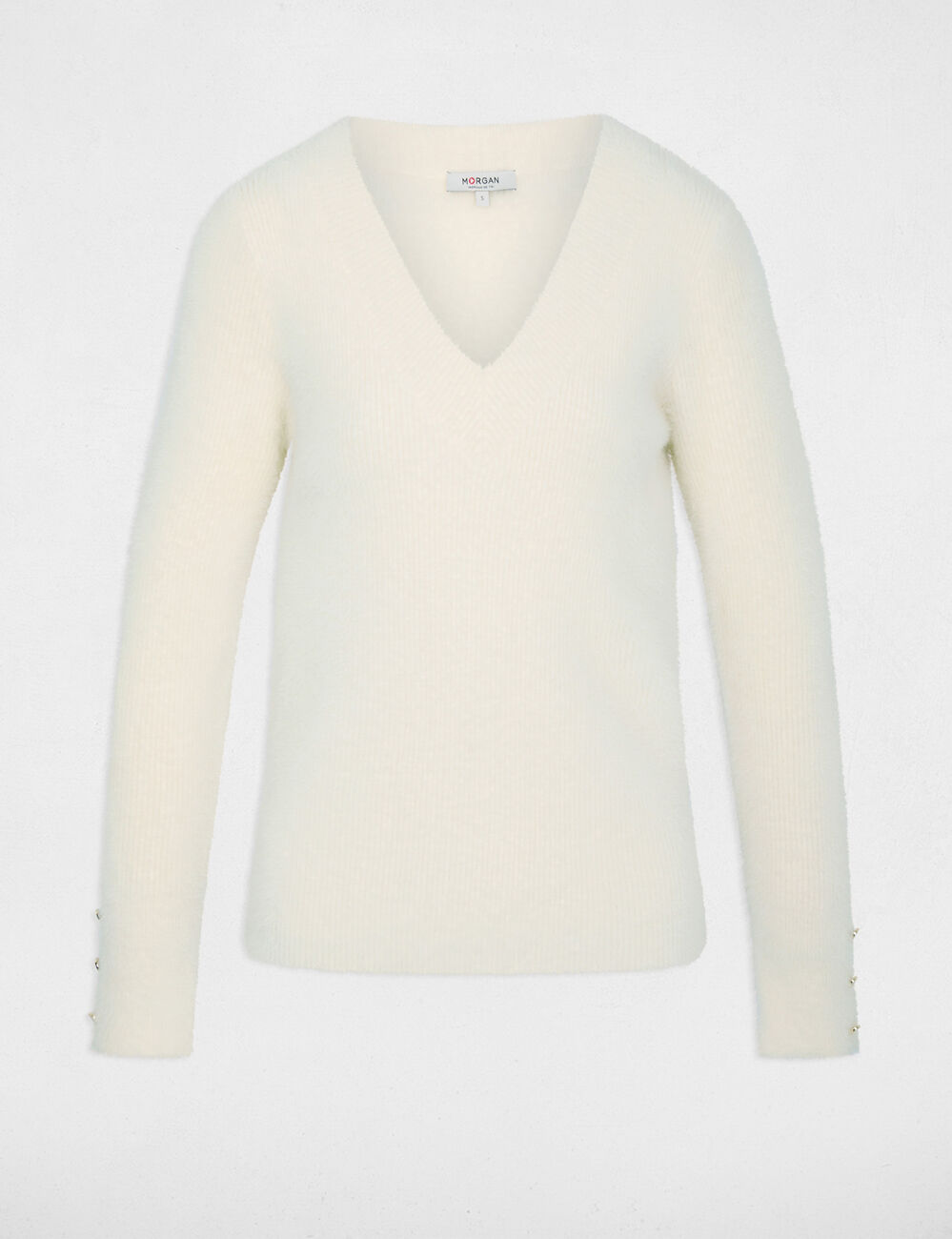 Pull col v manches longues ivoire femme