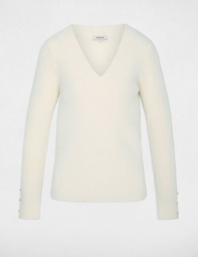 Pull col v manches longues ivoire femme