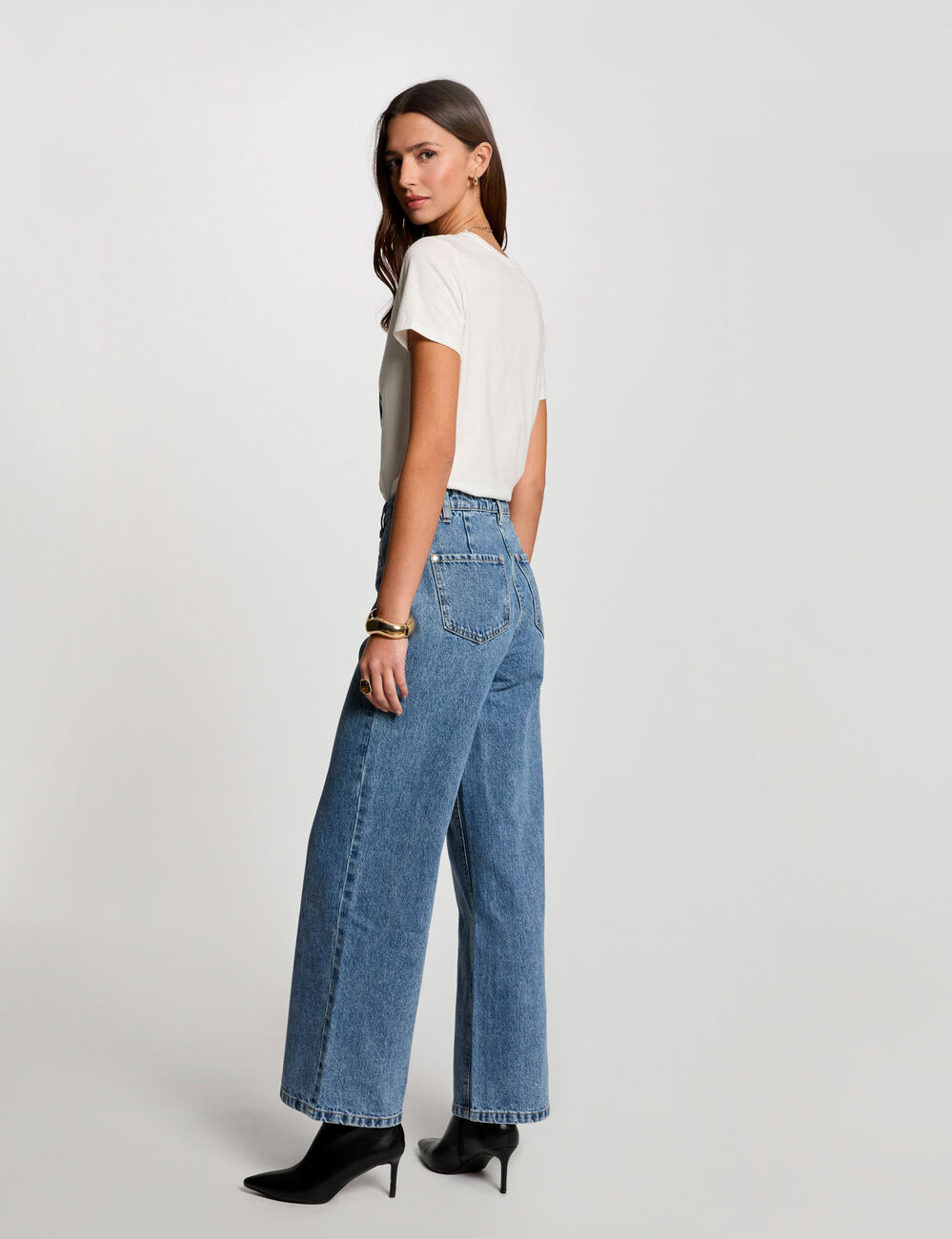 Jeans met wijde pijpen dubbel stone washed denim vrouw