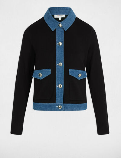 Gilet col &agrave; revers ray&eacute; noir femme