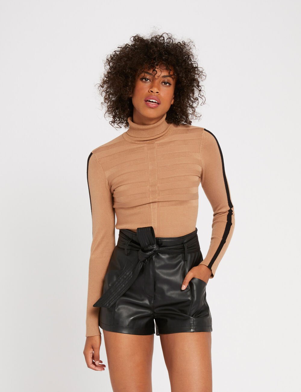 Pull manches longues bande contrastante camel femme