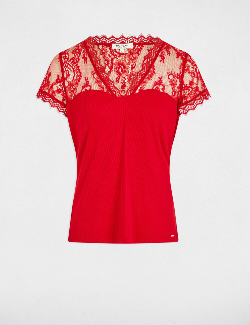 T-shirt manches courtes à dentelle rouge femme