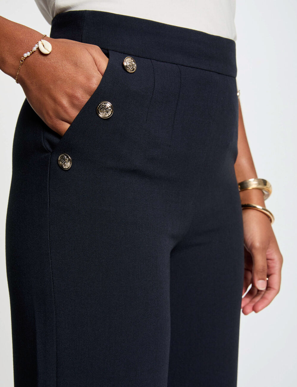 Wijde broek met knopen marineblauw vrouw