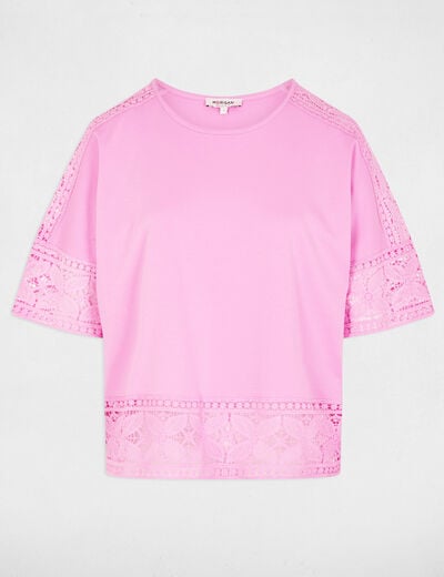 T-shirt dentelle col rond rose femme