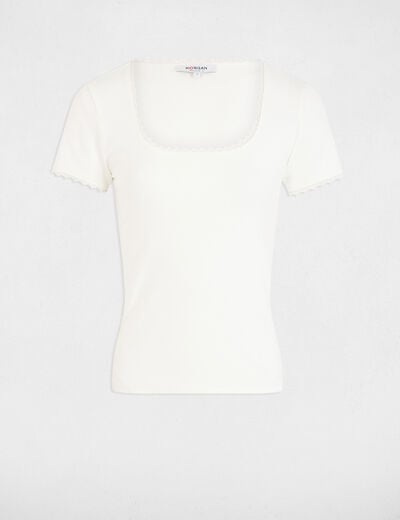 T-shirt korte geribbelde mouwen ivoor vrouw