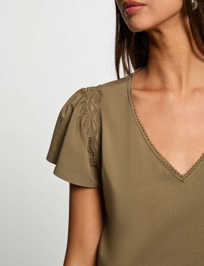 T-shirt col v volants vert kaki femme