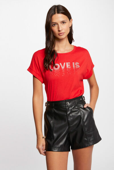 T-shirt met opschrift strass-steentjes lichtroze vrouw