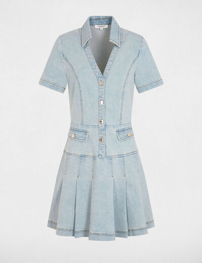 Robe courte trap&egrave;ze en jean denim bleach femme
