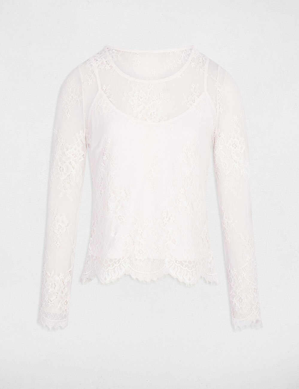 Kant T-shirt met lange mouwen ivoor vrouw