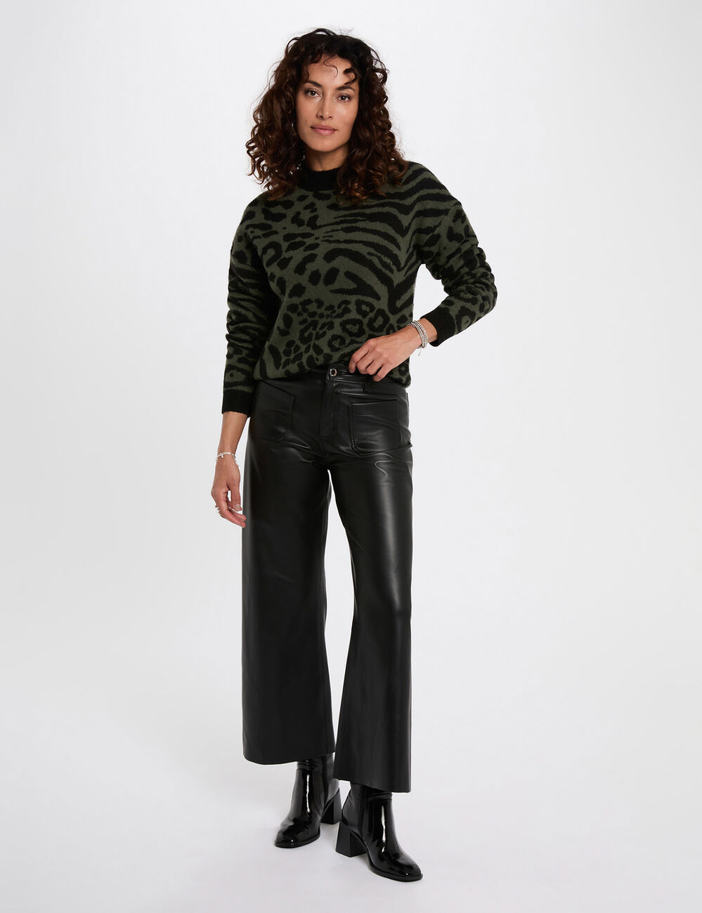 Pull court jacquard vert kaki femme