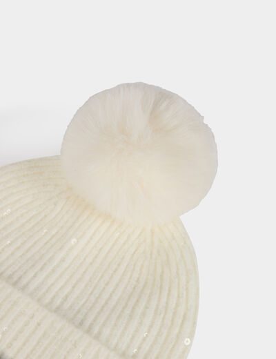 Bonnet à pompon et sequins ivoire femme