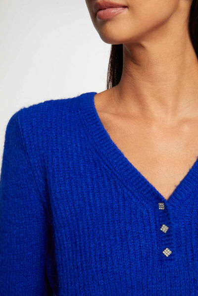 Trui met lange mouwen en V-hals bleu electrique vrouw