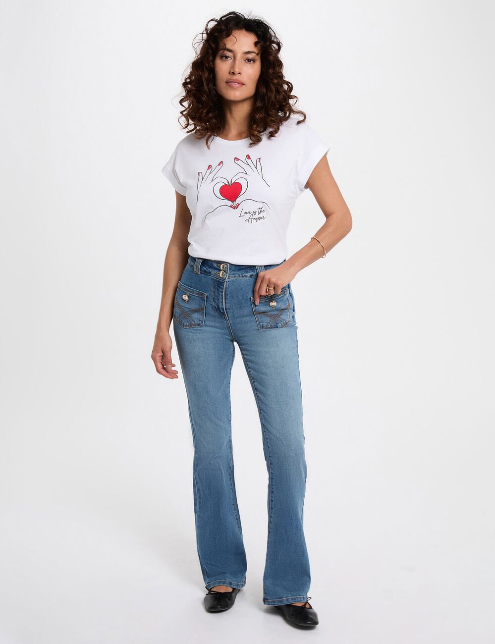 Kort T-shirt met opdruk helder wit vrouw