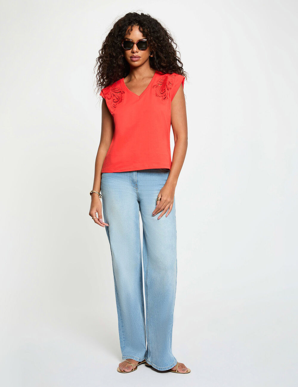 V-hals T-shirt met korte mouwen fel red vrouw