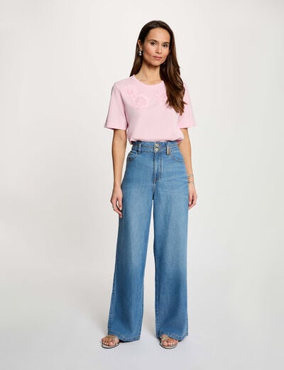 Hoge taille brede broek stone washed denim vrouw