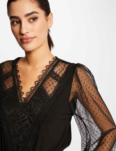 T-shirt met lange mouwen en plumetiskant zwart vrouw