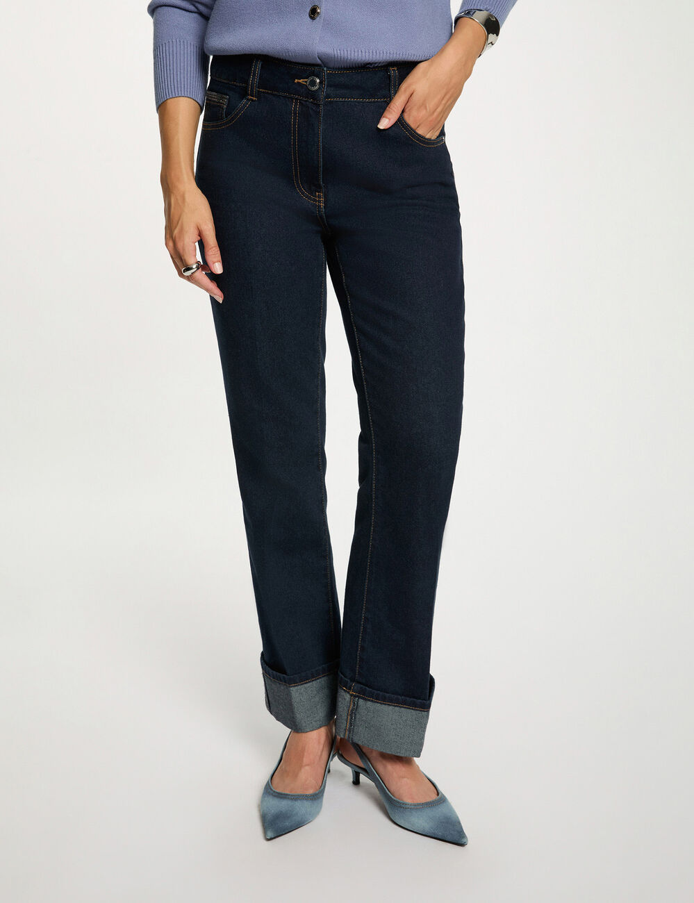 Rechte jeans met strass ruw denim vrouw