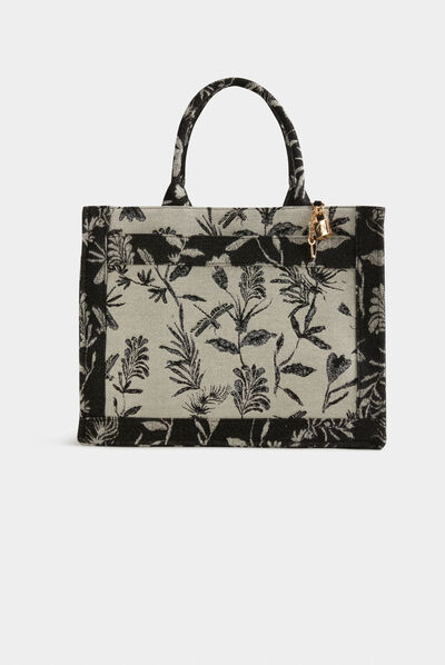 Sac cabas imprimé végétal noir femme