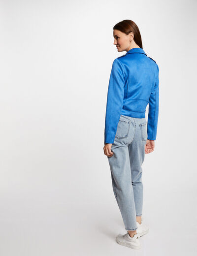 Blouson court zippé suédine bleu femme