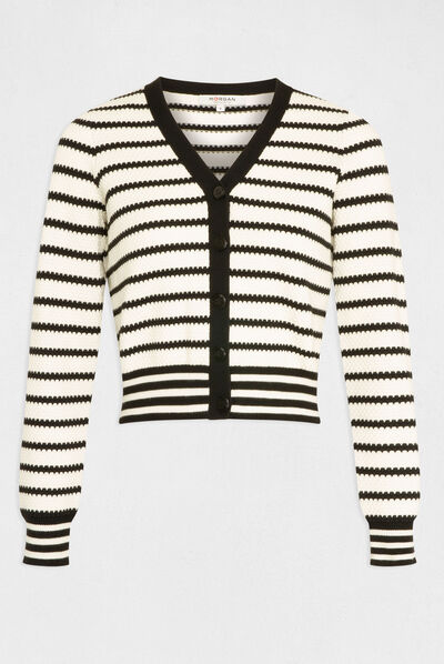 Gilet boutonné col en V à rayures ecru femme