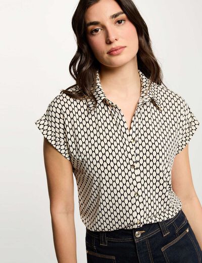 Chemise satin&eacute;e col &agrave; revers ivoire femme