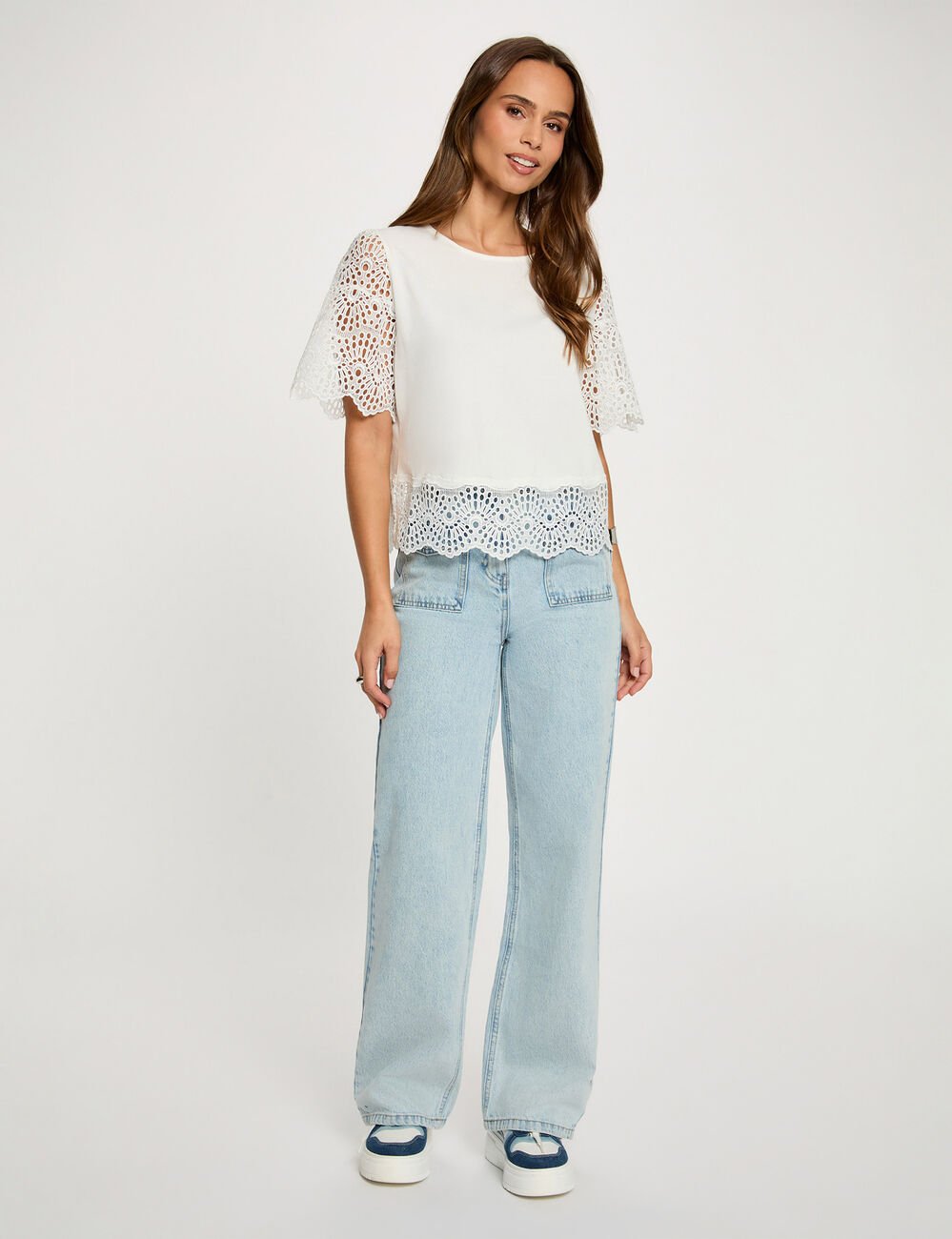 T-shirt dentelle col rond blanc femme
