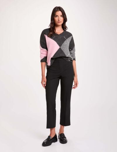 Jacquard trui met V-hals donkergrijs vrouw