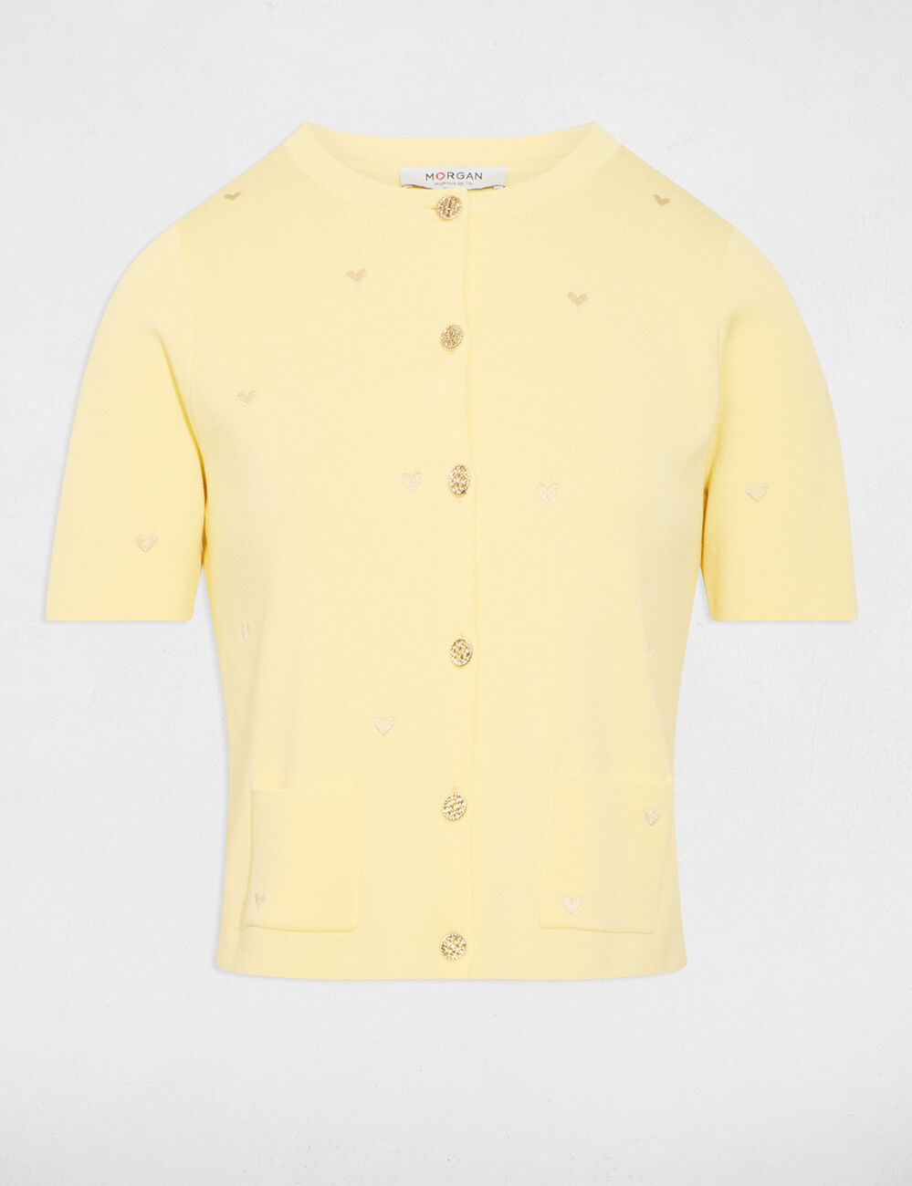 Gilet court col rond jaune pastel femme